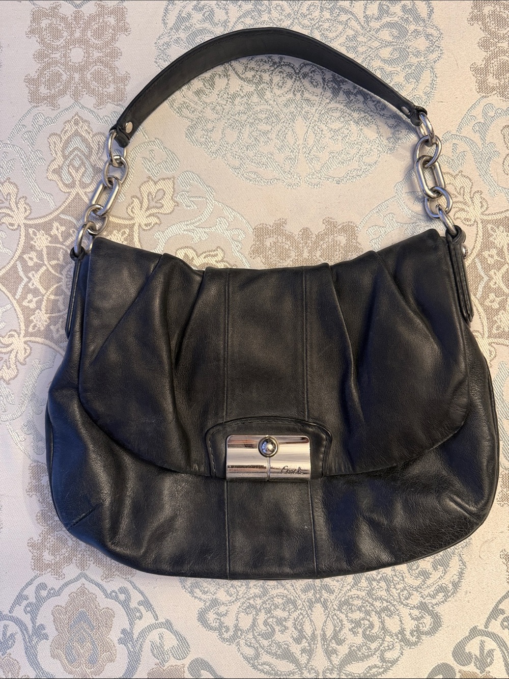 Coach Black Leather Shoulder Hobo with Silver-Tone Hardware